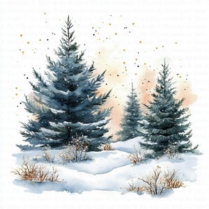 Christmas Trees Clipart | 10 High Quality JPG | Digital Download | Christmas Landscape | Watercolor Clipart | Paper Craft | Junk Journal