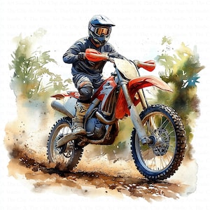 May include: A watercolor painting of a person riding a red and white dirt bike on a dirt track. The rider is wearing a blue helmet and goggles.