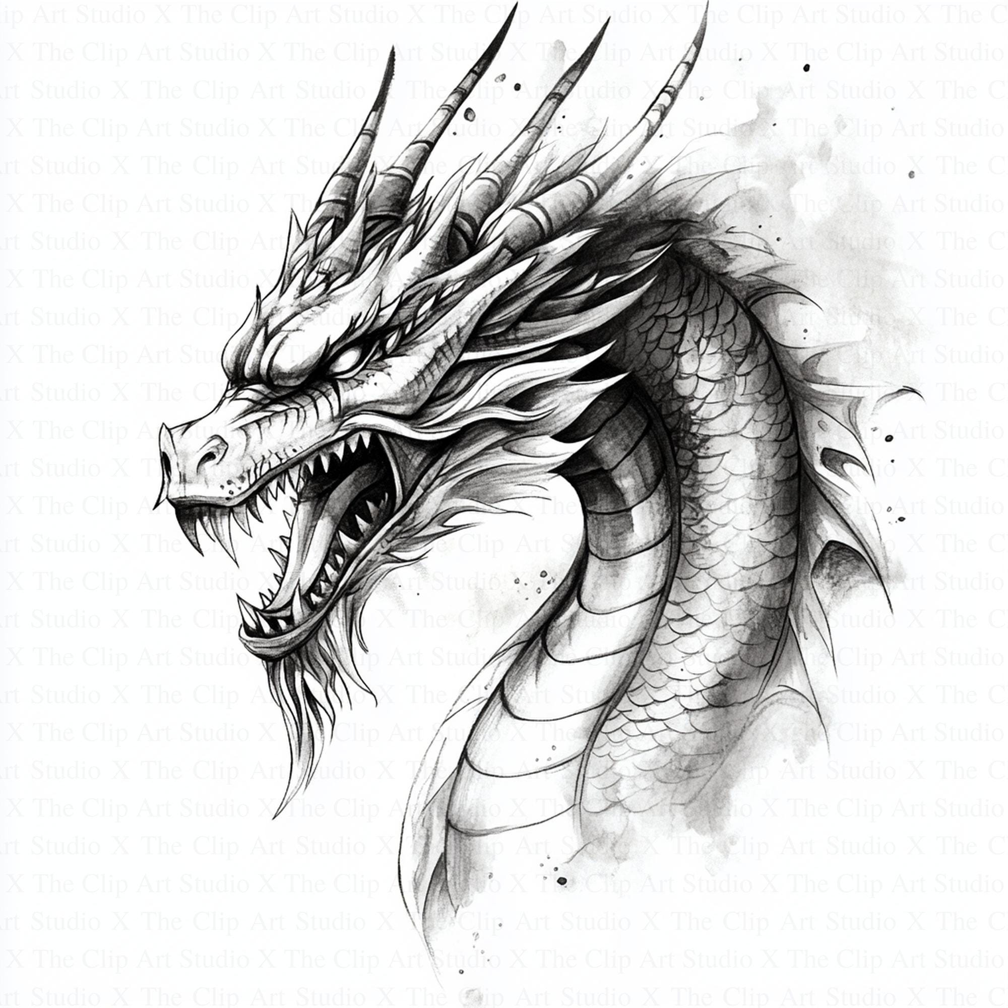 Dragon Profile Tattoo Clipart | 10 High Quality Jpgs | Digital Download |  Paper Craft | Junk Journals | Dragon Head | Watercolor Clipart - Etsy, image size:2000x2000