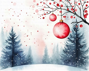 May include: A watercolour painting depicting a winter scene with a snowy forest and a branch adorned with red baubles. The baubles are a deep red colour and are surrounded by a light pink and blue watercolour background.