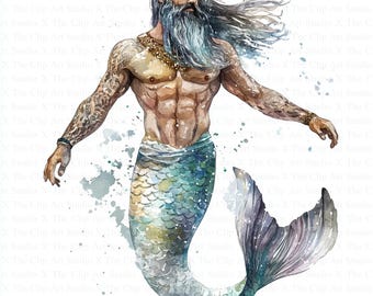Watercolor Mermaid Man Clipart | 10 High Quality JPGs | Digital Download | Poseidon | Watercolor Clipart | Digital Paper Craft, Junk Journal