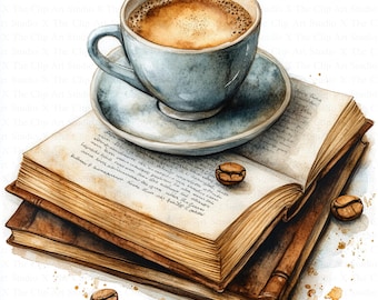 Coffee And Book Clipart | 10 High Quality JPG | Digital Download | Coffee Clipart | Watercolor Clipart | Digital Paper Craft | Junk Journals