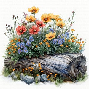 Wildflowers On Log Clipart | 10 High Quality JPGs | Digital Download | Paper Craft | Journals | Wildflowers | Printable Watercolor Clipart