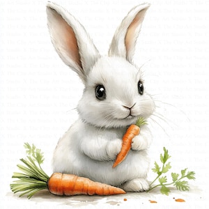 Clipart di coniglio con carota / 10 JPG di alta qualità / Download digitale / Artigianato di carta digitale / Diari spazzatura / Clipart acquerello stampabile
