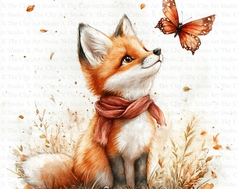 Fox and Butterfly Clipart | 10 High Quality JPGs | Digital Download | Paper Craft | Junk Journal | Fox Baby Meadow | Watercolor Clipart