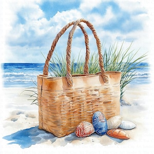 Beach Bag Clipart | 10 High Quality JPGs | Digital Download | Watercolor Beach Bag | Watercolor Clipart | Digital Paper Craft | Junk Journal