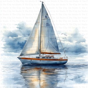 May include: A white sailboat with a brown deck and a blue hull sails on a calm body of water. The sky is a light blue with white clouds. The sailboat has a white sail with a blue diamond and the text "BEC" in blue.