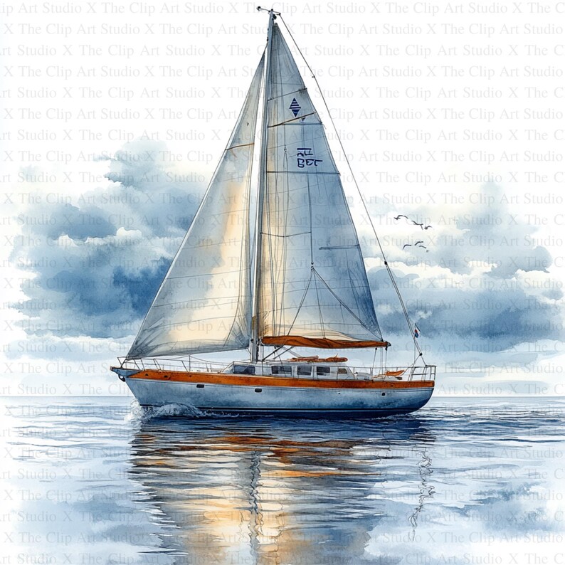 May include: A white sailboat with a brown deck and a blue hull sails on a calm body of water. The sky is a light blue with white clouds. The sailboat has a white sail with a blue diamond and the text "BEC" in blue.