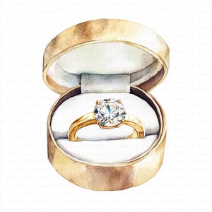 May include: A gold ring with a large, clear diamond in a gold ring box.