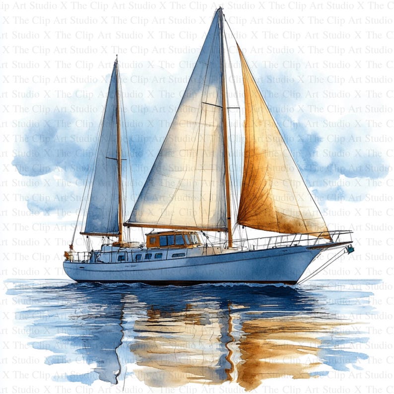 May include: A watercolor painting of a sailboat with white sails and a brown sail. The sailboat is in the water with blue and white clouds in the background.