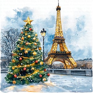 Christmas Paris Clipart | 10 High Quality JPGs | Digital Download | Digital Paper Craft | Junk Journal | Christmas Card | Watercolor Clipart