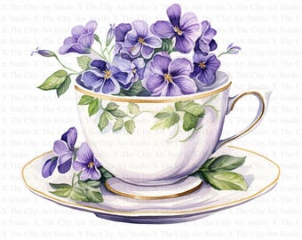 Clipart floral tasse de thé | 10 fichiers JPG de haute qualité | Téléchargement numérique | Créations en papier | Journal indésirable | Service à thé floral | Clipart aquarelle imprimable