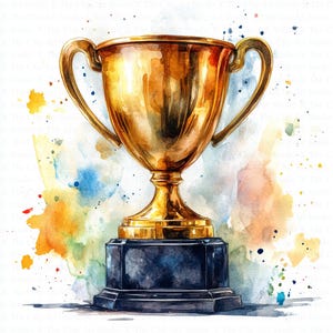 Puede incluir: Un trofeo dorado con una base negra, pintado en estilo acuarela con salpicaduras de colores en el fondo.