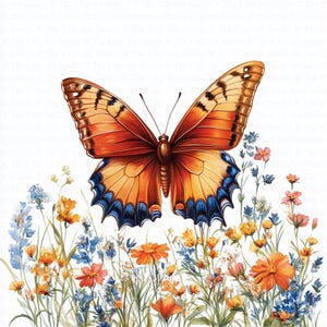Butterfly in Flowers Clipart | 10 High Quality JPGs | Digital Download | Wildflowers | Watercolor Clipart | Paper Craft | Junk Journal | Art