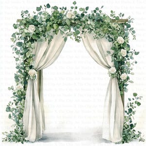 May include: A white fabric wedding archway decorated with greenery and white flowers. The archway is made of wood and has a rustic look.