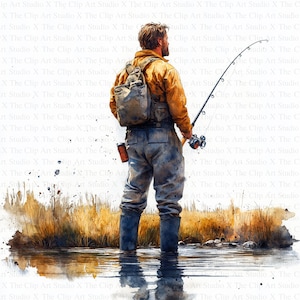 Clipart de hombre pescando en acuarela / 10 archivos JPG de alta calidad / Descarga digital / Clip Art / Manualidades de papel digitales / Diario basura / Scrapbooking