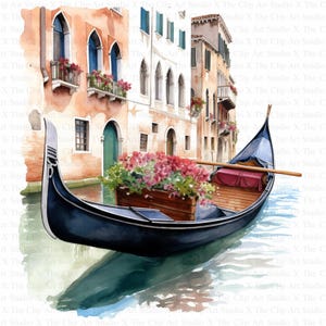 Clipart gondola di Venezia / 10 JPG di alta qualità / Download digitale istantaneo / Artigianato di carta / Diari spazzatura / Gondola floreale / Clipart acquerello