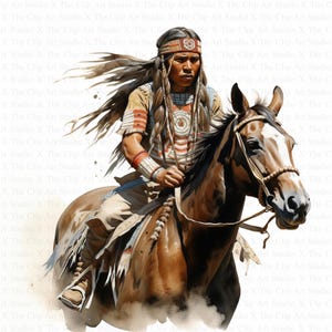 Native Indian On Horse Clipart | 10 High Quality JPG | Instant Digital Download | Paper Craft | Junk Journal | With Bow | Watercolor Clipart