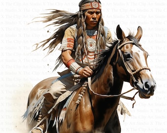 Indianer auf Pferd Clipart | 10 hochauflösende JPGs | Sofortiger digitaler Download | Papierbasteln | Junk Journal | Mit Schleife | Aquarell-Clipart