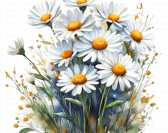 Daisies Bouquet Clipart | 10 High Quality JPGs | Digital Download | Daisy Clipart | Watercolor Clipart | Digital Paper Craft | Junk Journals