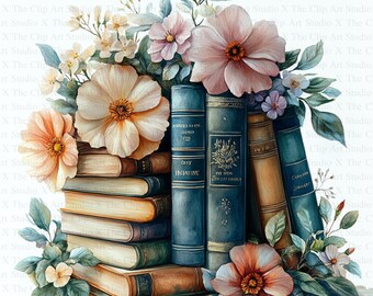 Books Pile Clipart | 10 High Quality JPGs | Digital Download | Watercolor Clipart | Paper Craft | Junk Journals | Floral Books Clipart