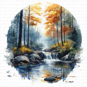 Watercolor Forest Creek ClipArt | 10 JPGs de alta qualidade | Download digital | Arte em aquarela | Criação de cartões | Mídia mista | Artesanato em papel digital
