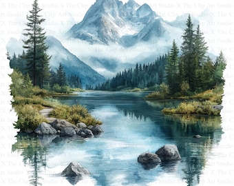 Imágenes prediseñadas de paisaje de lago / 10 archivos JPG de alta calidad / Descarga digital / Amanecer en el lago / Imágenes prediseñadas de acuarela / Scrapbooking / Manualidades con papel digital