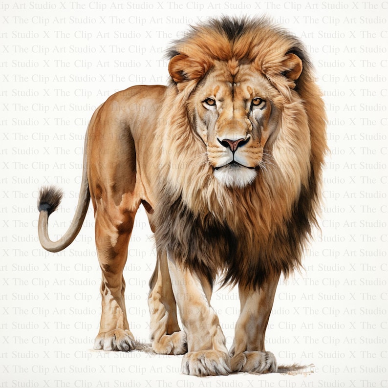 May include: A close-up of a lion with a thick mane of brown and black fur. The lion is looking directly at the camera with a serious expression. The background is white.