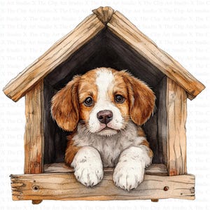 Puppies in Dog House Clipart | 10 High Quality JPGs | Instant Digital Download | Card Making | Decoupage | Scrapbooking | Watercolor Puppies