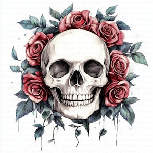 Skull in Roses Clipart | 10 High Quality JPGs | Digital Download | Floral Skull | Printable Watercolor Clipart | Paper Craft | Junk Journals