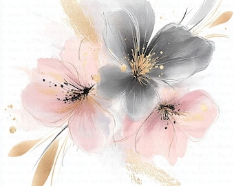 Clipart di fiori astratti / 10 JPG di alta qualità / Download digitale / Lavori con la carta / Junk Journal / Fiori rosa e grigi / Clipart ad acquerello