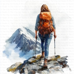 Clipart di donna che fa escursioni / 10 JPG di alta qualità / Download digitale / Diario spazzatura / Escursioni in montagna / Clipart acquerello stampabile / Artigianato di carta