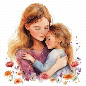 Clipart de madre e hija / 10 archivos JPG de alta calidad / Descarga digital / Tarjeta del Día de la Madre / Clipart de acuarela / Manualidades de papel / Diarios