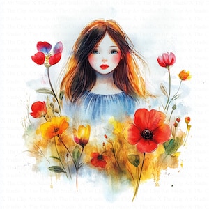 Girl and Flower Clipart | 10 High Quality JPGs | Digital Download | Floral Girl Print | Watercolor Clipart | Paper Craft | Junk Journal