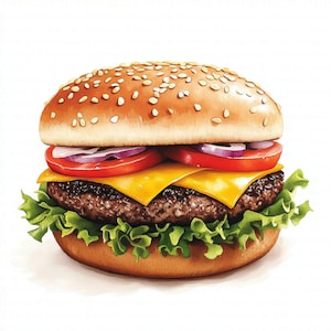 May include: A juicy cheeseburger with lettuce, tomato, and onion on a sesame seed bun.