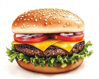Savoureux Hamburger Clipart | 10 fichiers JPG de haute qualité | Téléchargement numérique | Journal indésirable | Scrapbooking | Clipart aquarelle | Créations numériques en papier