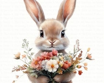 Bunny Clipart | 10 High Quality JPGs | Digital Download | Digital Paper Craft | Junk Journal | Flowers Bouquet | Rabbit | Watercolor Clipart