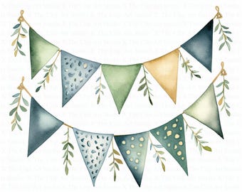 Party Bunting Clipart | 10 High Quality JPGs | Digital Download | Elegant Garland Clipart | Golden | Watercolor Clipart | Paper Crafts | Art