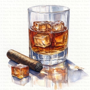 Cigarro y vaso de whisky Clipart / 10 JPG de alta calidad / Descarga digital / Fabricación de tarjetas / Artesanía de papel digital / Scrapbooking / Técnica mixta