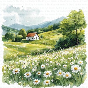 Clipart di campagna primaverile / 10 JPG di alta qualità / Download digitale / Arte ad acquerello / Creazione di biglietti / Tecnica mista / Artigianato di carta digitale