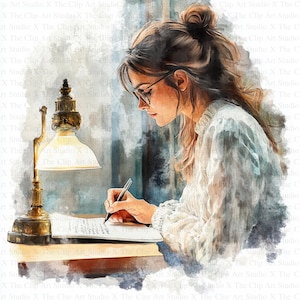 Vrouw schrijven clipart | 10 JPG's van hoge kwaliteit | Digitale download | Junkjournaal | Schrijver-clipart | Afdrukbare aquarel clipart | Papiermodellen