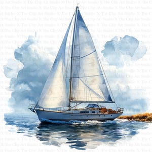 May include: A watercolor painting of a white sailboat with sails billowing in the wind, sailing on a blue ocean with white clouds in the sky.
