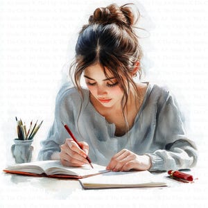 Clipart donna che scrive / 10 JPG di alta qualità / Download digitale / Clipart scrittore / Clipart acquerello stampabile / Lavoretti di carta / Diario spazzatura