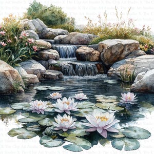 Clipart de estanque de acuarela / 10 archivos JPG de alta calidad / Descarga digital / Fabricación de tarjetas / Manualidades de papel / Escenas de paisajes naturales / Clipart imprimible