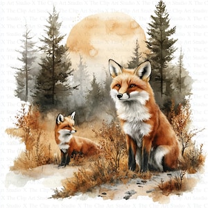 Renard dans la forêt des cliparts | 10 fichiers JPG de haute qualité | Téléchargement numérique | Clipart aquarelle imprimable | Créations en papier | Journaux indésirables | Scrapbooking