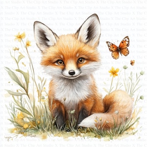 Fox and Butterfly Clipart | 10 High Quality JPGs | Digital Download | Junk Journal | Fox Baby Meadow | Watercolor Clipart | Paper Craft