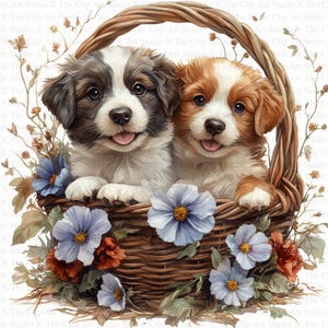 Puppies in Flower Basket Clipart | 10 High Quality JPGs | Digital Download | Digital Paper Craft | Clip Art | Card Making | Animal Clipart