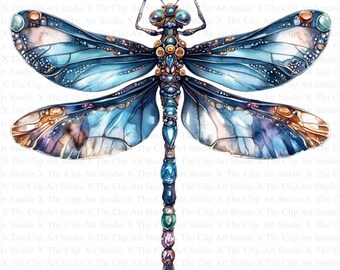 Jeweled Dragonfly Clipart | 10 High Quality JPG | Digital Download | Junk Journal | Gemstones | Printable Watercolor Clipart | Paper Craft