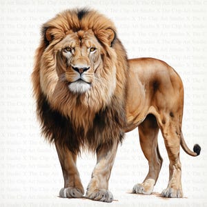 May include: A close-up of a lion with a thick mane of brown and black fur. The lion is standing on a white background and looking directly at the viewer.