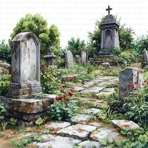 Clipart de cementerio abandonado en acuarela / 10 archivos JPG de alta calidad / Descarga digital / Diario basura / Clipart imprimible / Clip Art / Manualidades de papel